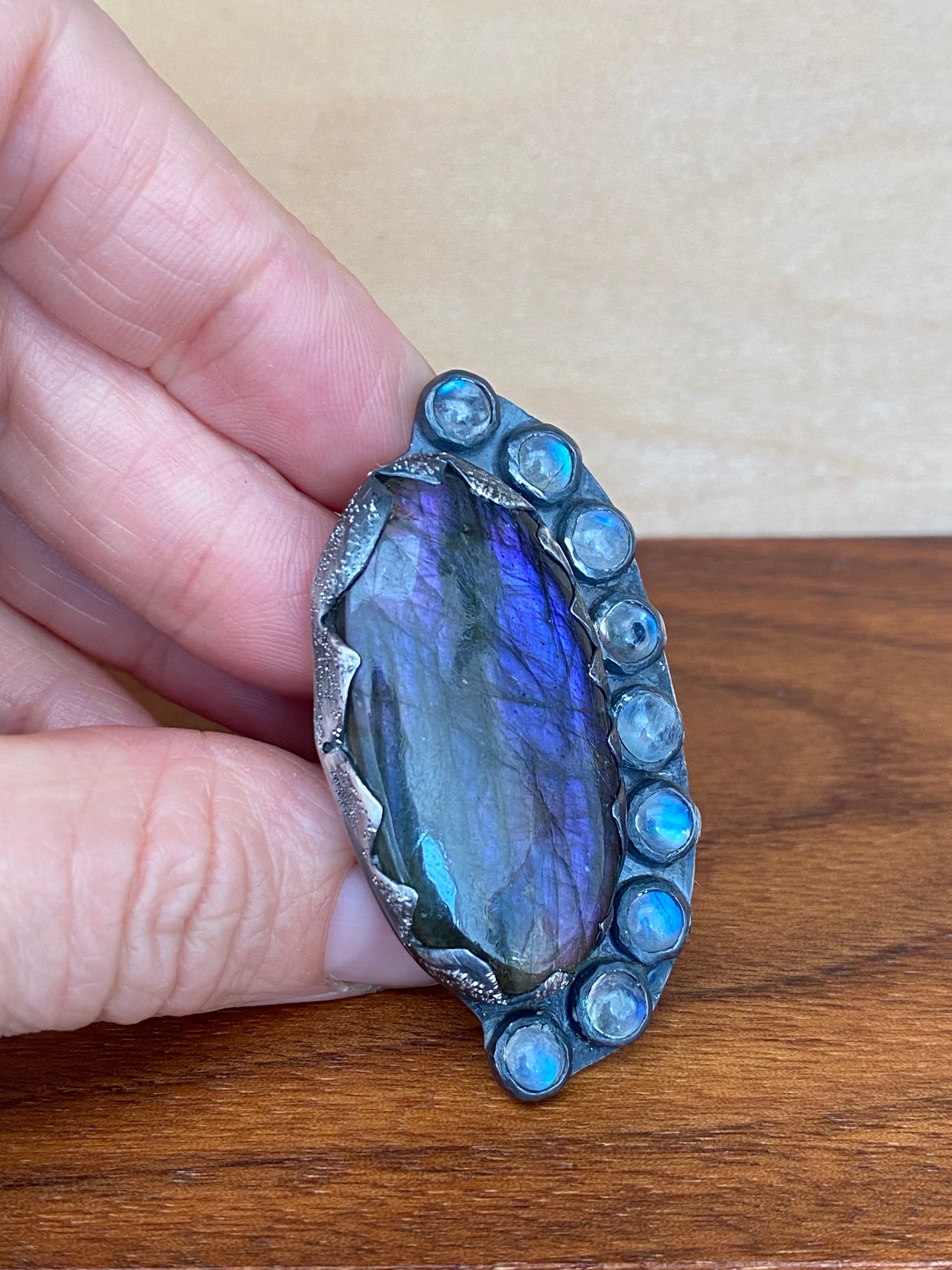 Betty Jäger- Labordorite Ring with Moonstone Halo