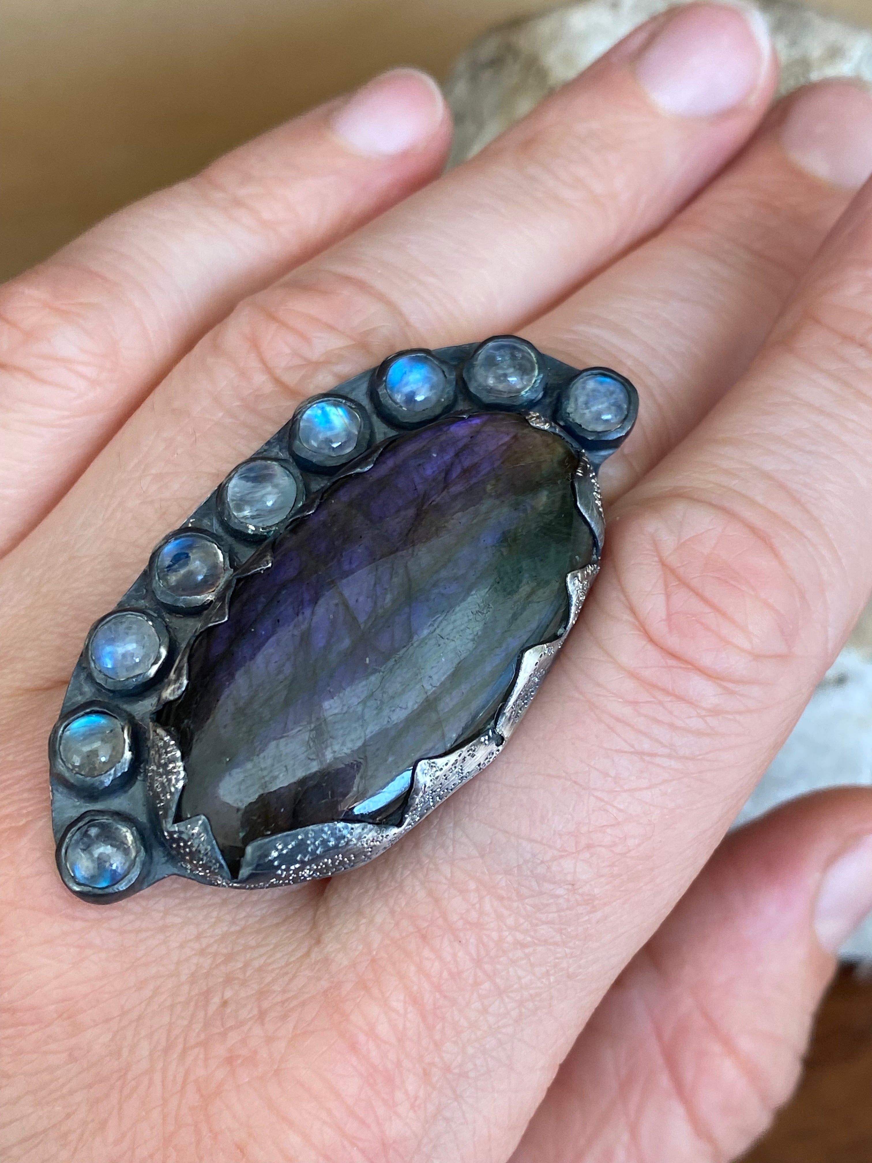 Betty Jäger- Labordorite Ring with Moonstone Halo