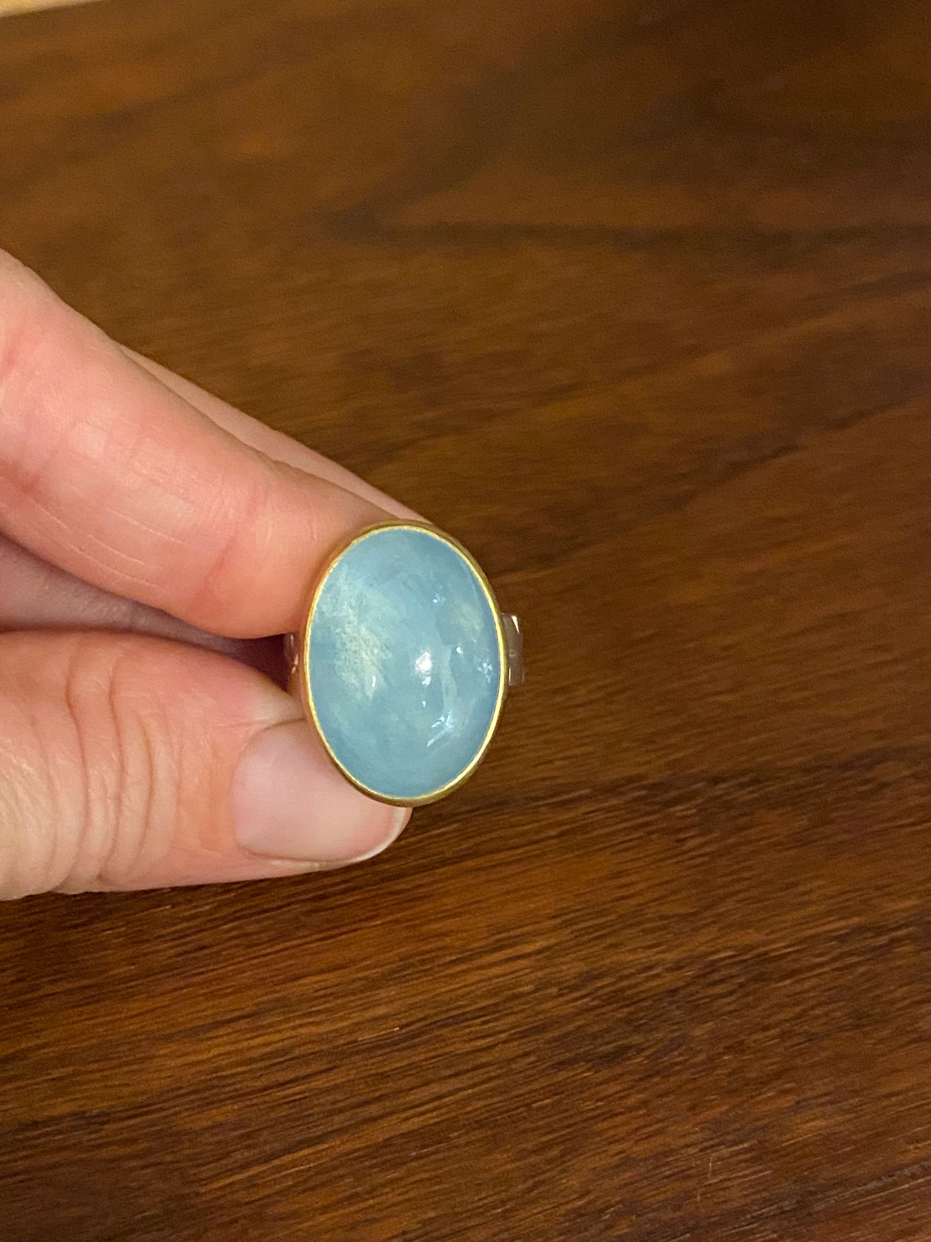 Sam Woehrmann- Oval Cabochon Aquamarine Ring with Chased Band