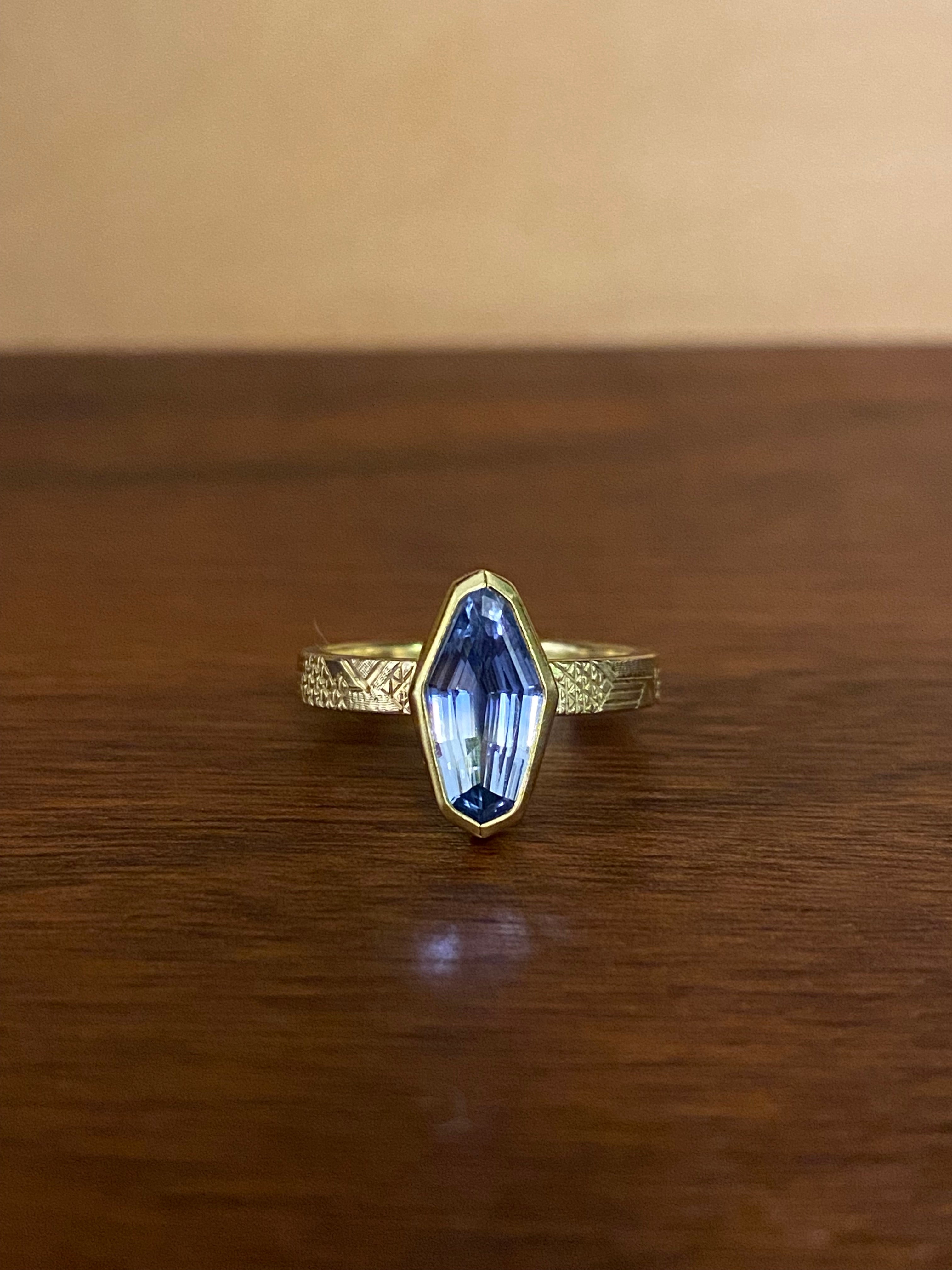 Sam Woehrmann- Geometric Sapphire Ring with Engraved Band