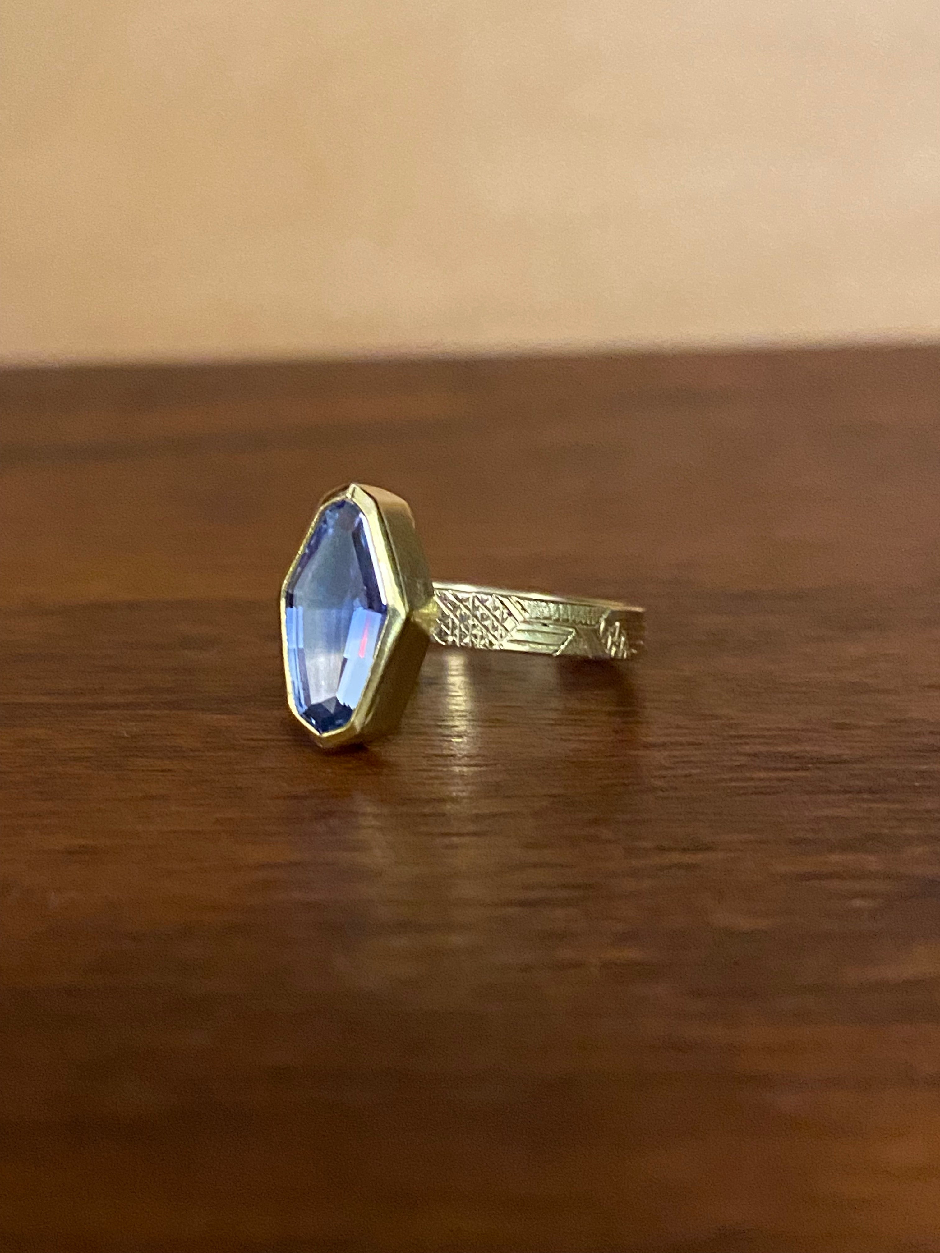 Sam Woehrmann- Geometric Sapphire Ring with Engraved Band