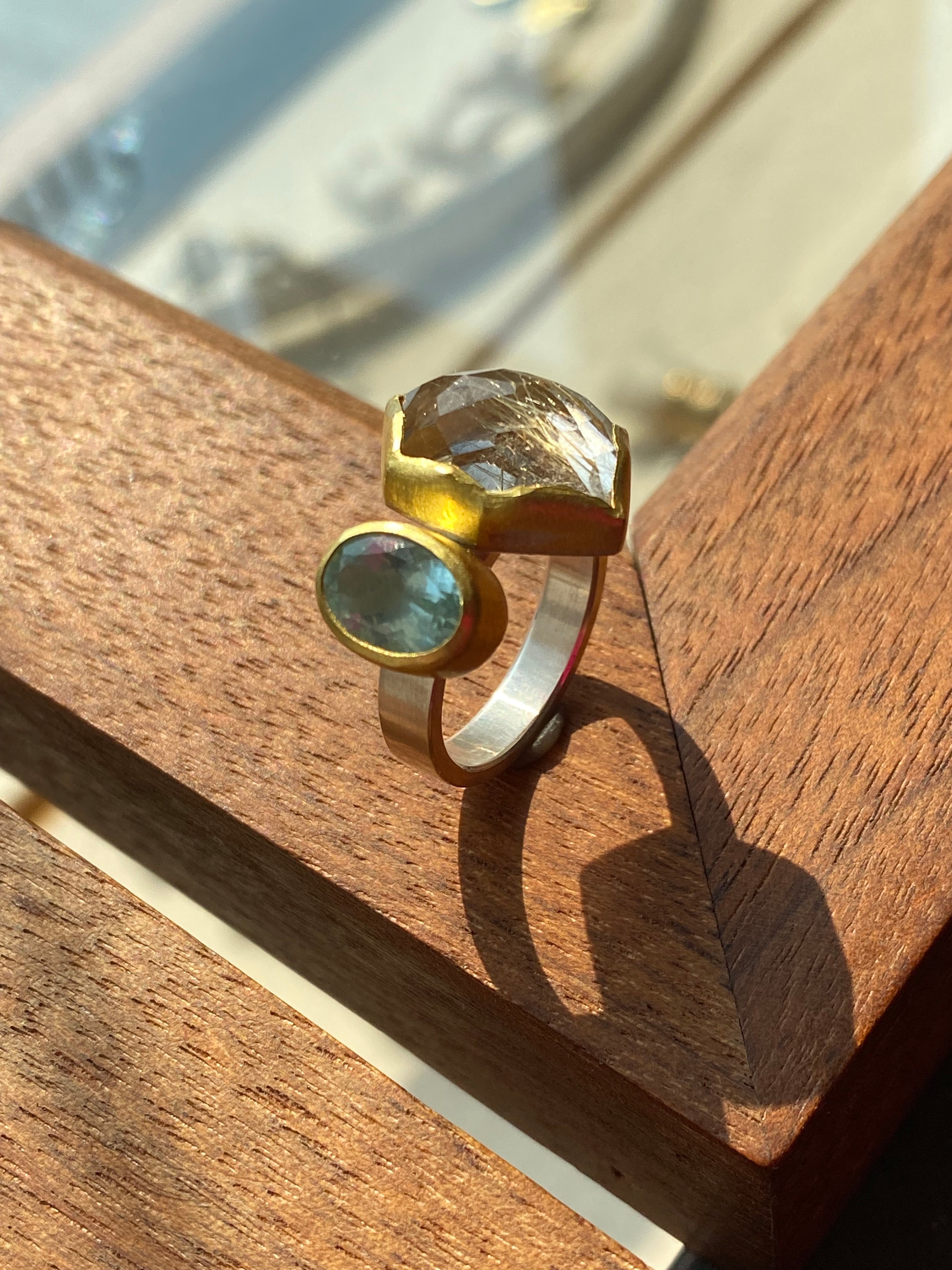 Sam Woehrmann- Rutilated Quartz and Aquamarine Ring