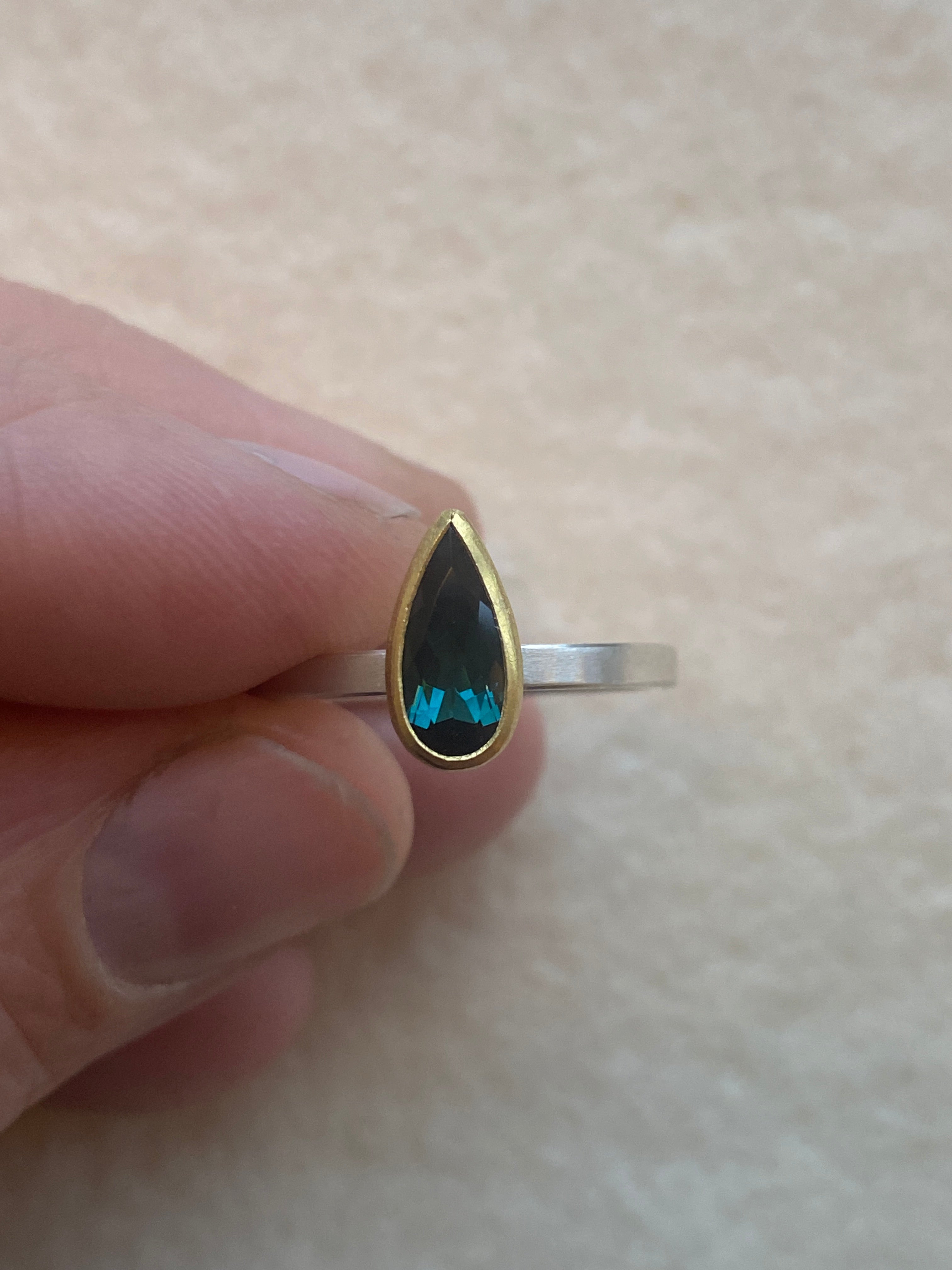 Sam Woehrmann- Blue-Green Tourmaline Drop Stacking Ring