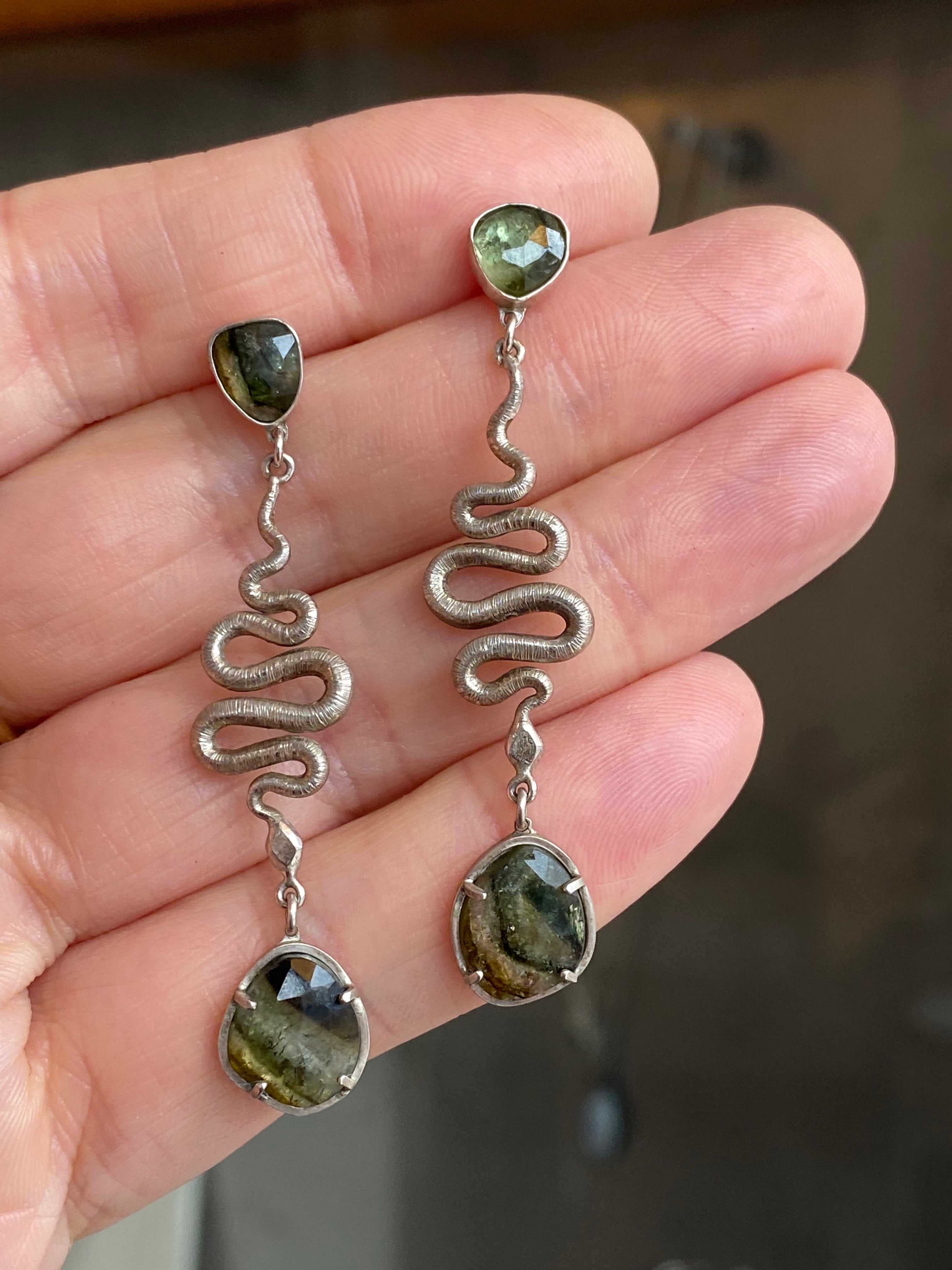 Koedyker Crafted- Large Serpent Earrings with Green Tourmaline
