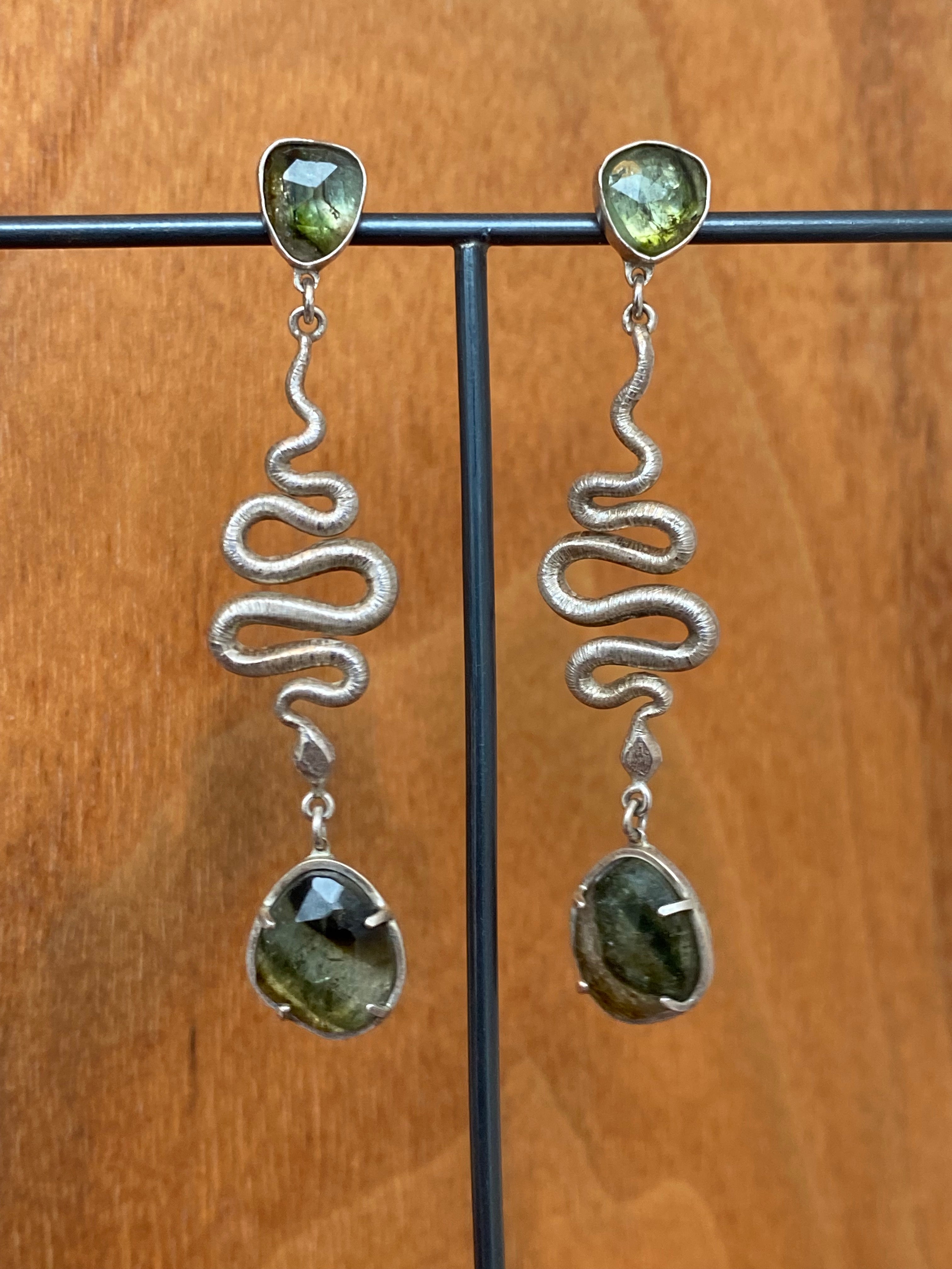 Koedyker Crafted- Large Serpent Earrings with Green Tourmaline