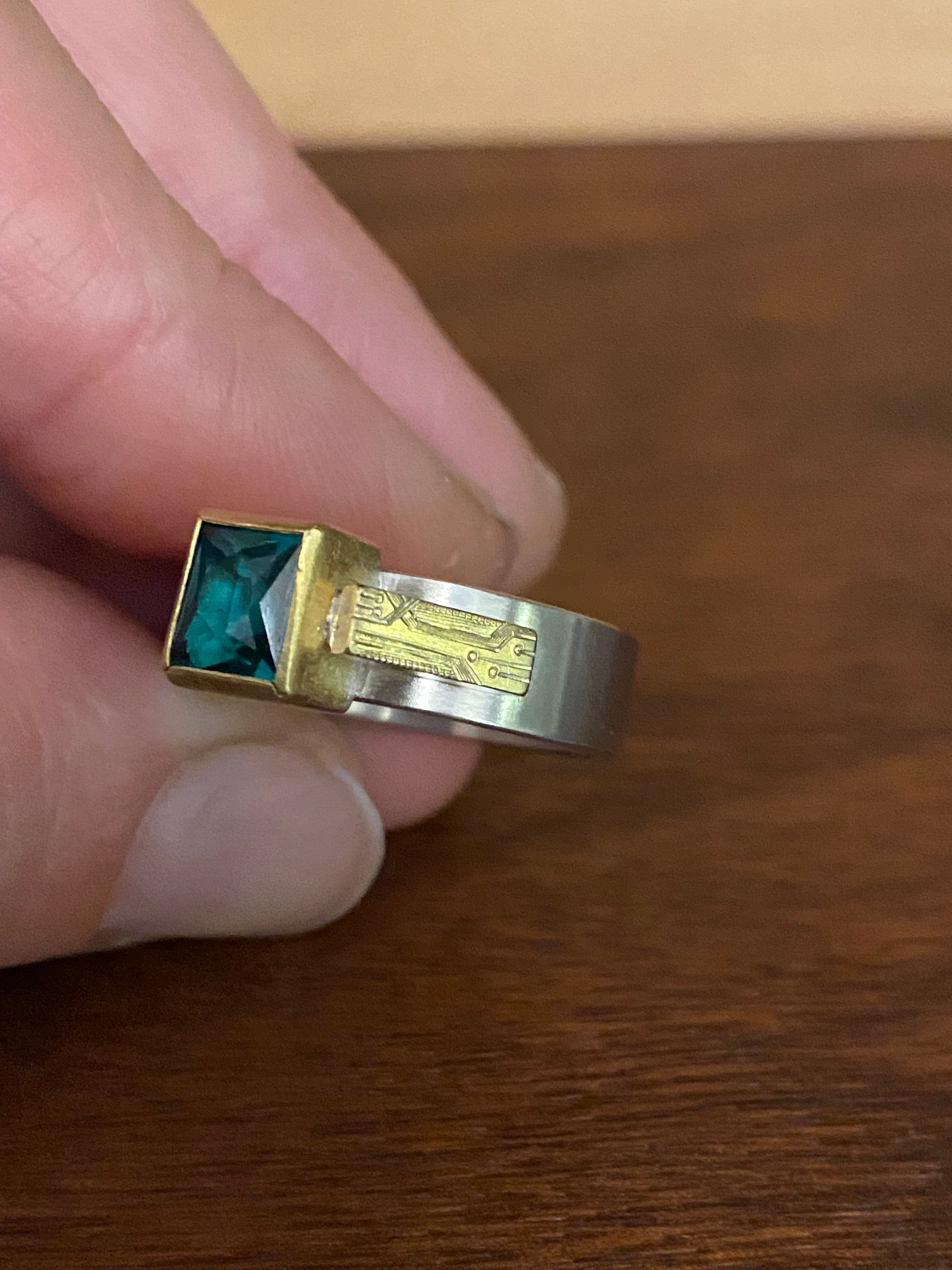 Sam Woehrmann- Green Tourmaline with a Trio of Diamonds and Engraved Bar Ring