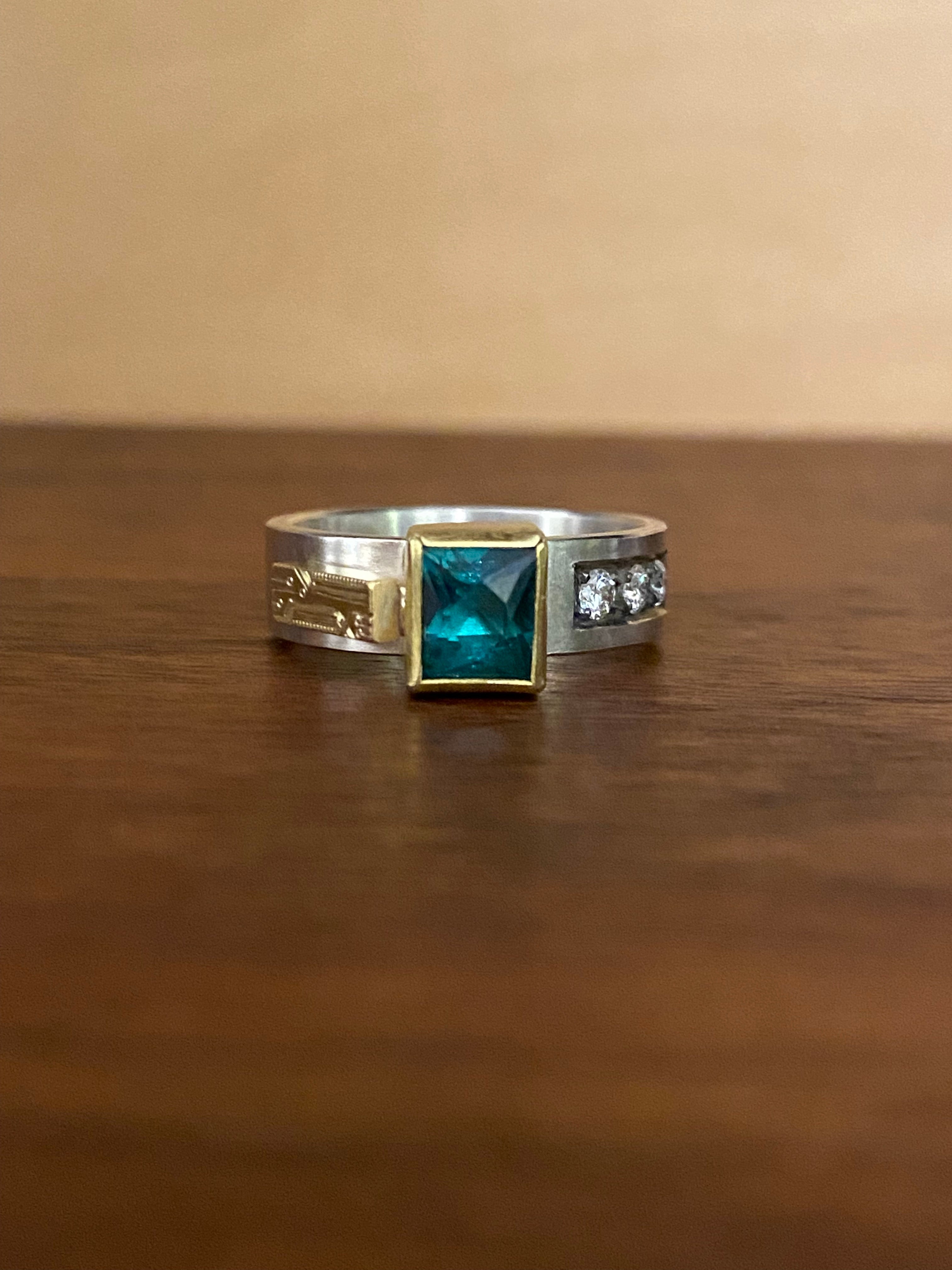 Sam Woehrmann- Green Tourmaline with a Trio of Diamonds and Engraved Bar Ring