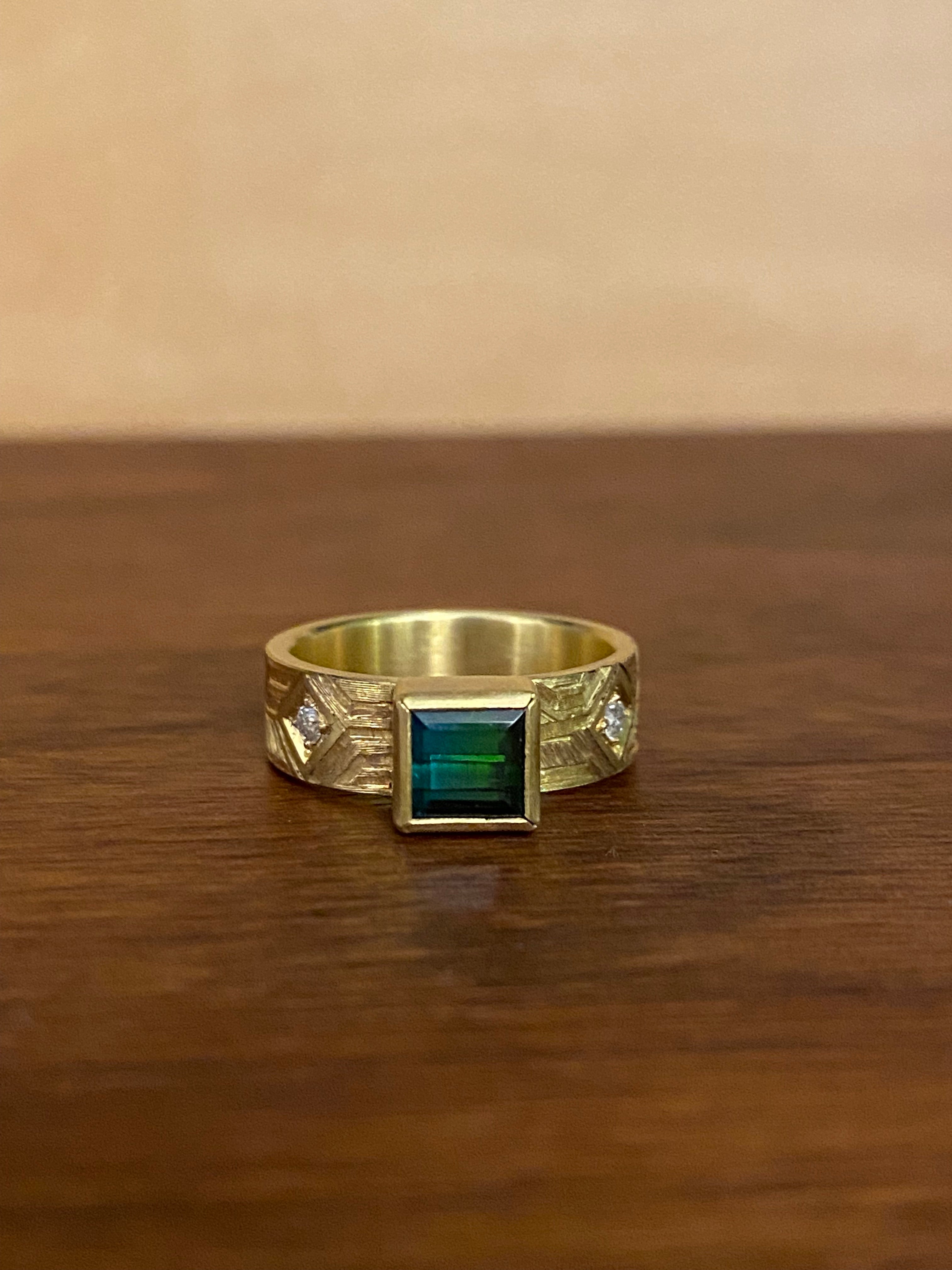 Sam Woehrmann- Square Tourmaline Ring with Engraved Band and Diamonds